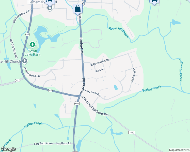 map of restaurants, bars, coffee shops, grocery stores, and more near 86 Eastwood Street in Pittsboro