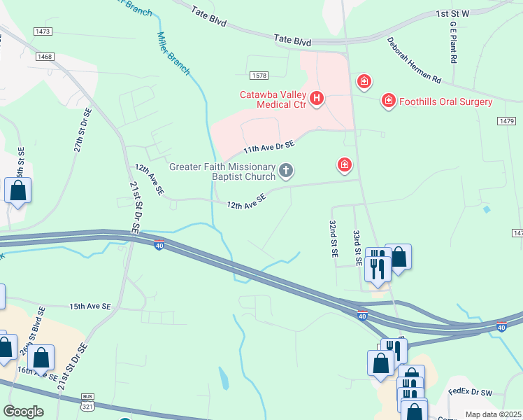 map of restaurants, bars, coffee shops, grocery stores, and more near 3062 12th Avenue Southeast in Hickory