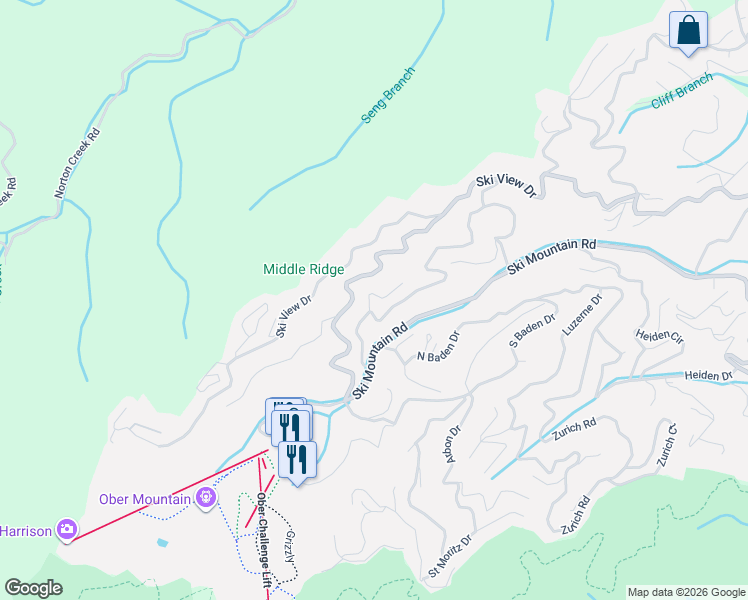 map of restaurants, bars, coffee shops, grocery stores, and more near 1229 Alpine by Way in Gatlinburg