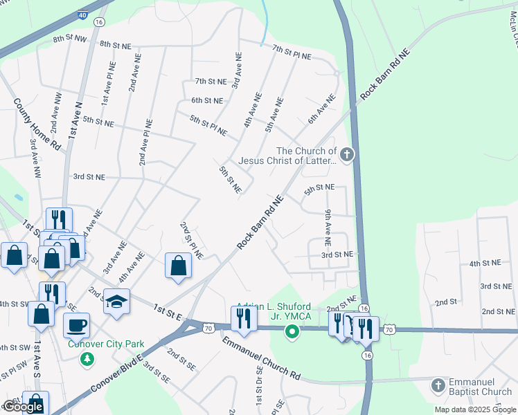 map of restaurants, bars, coffee shops, grocery stores, and more near 435 Rock Barn Road Northeast in Conover