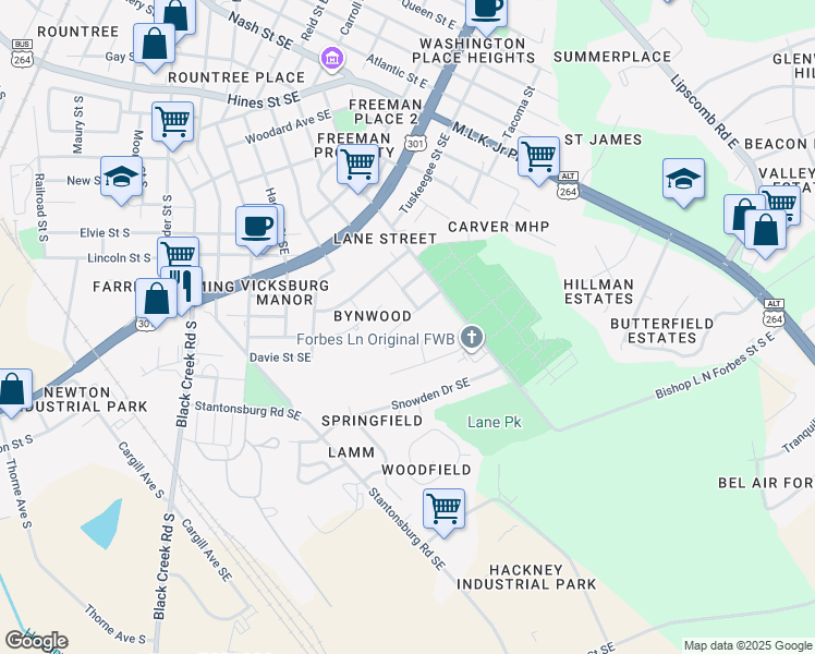 map of restaurants, bars, coffee shops, grocery stores, and more near 1707 Orange Street Southeast in Wilson