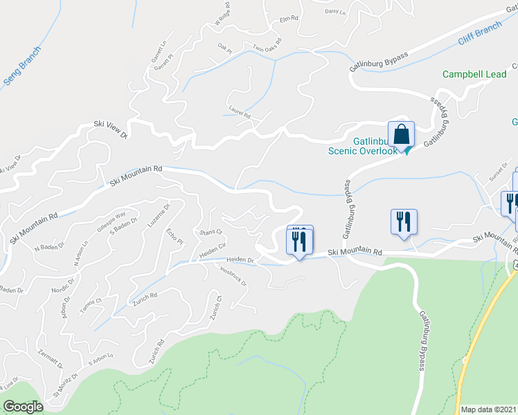 map of restaurants, bars, coffee shops, grocery stores, and more near 1411 Goldengate Way in Gatlinburg