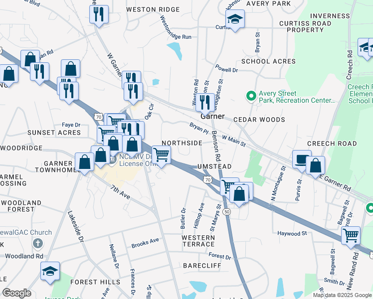 map of restaurants, bars, coffee shops, grocery stores, and more near 279 Dullis Circle in Garner