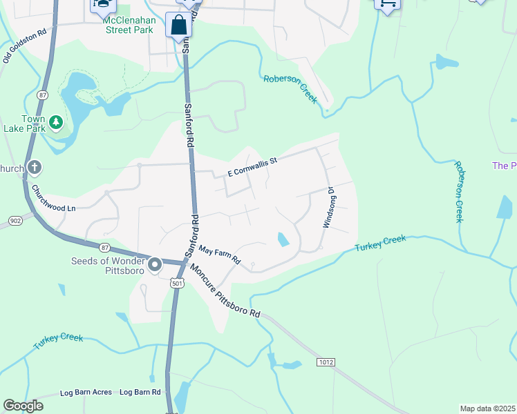 map of restaurants, bars, coffee shops, grocery stores, and more near 195 Trace Drive in Pittsboro