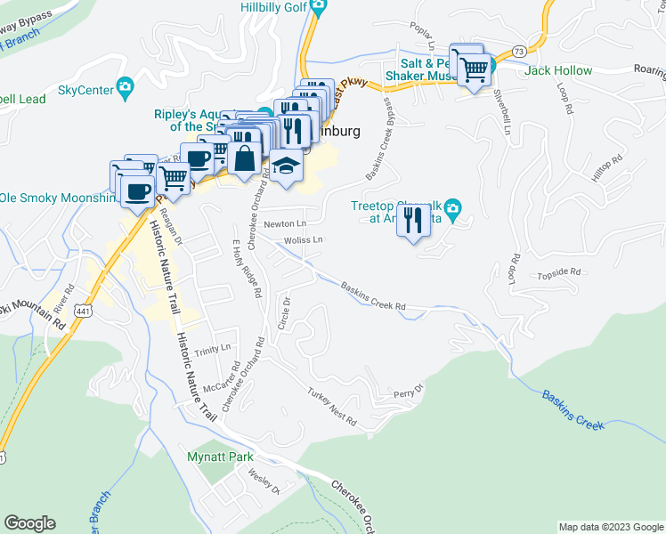 map of restaurants, bars, coffee shops, grocery stores, and more near 413 Baskins Creek Road in Gatlinburg