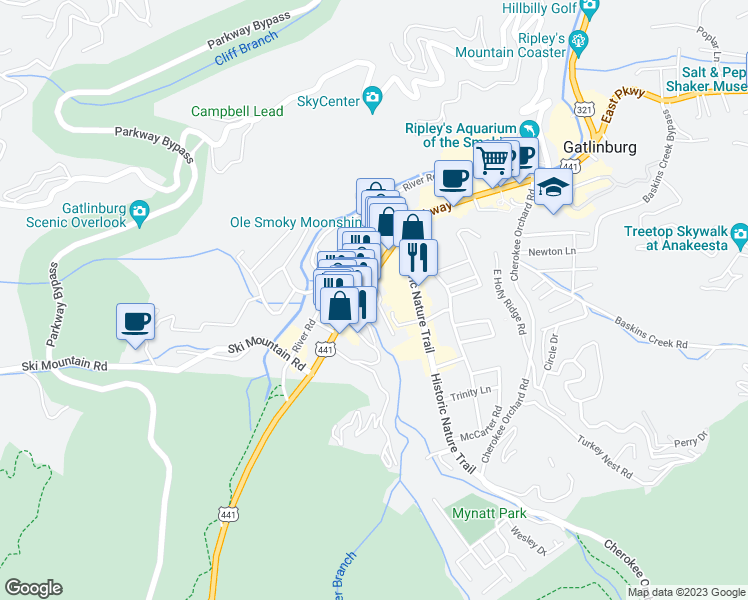 map of restaurants, bars, coffee shops, grocery stores, and more near 110 Bon Air Lane in Gatlinburg