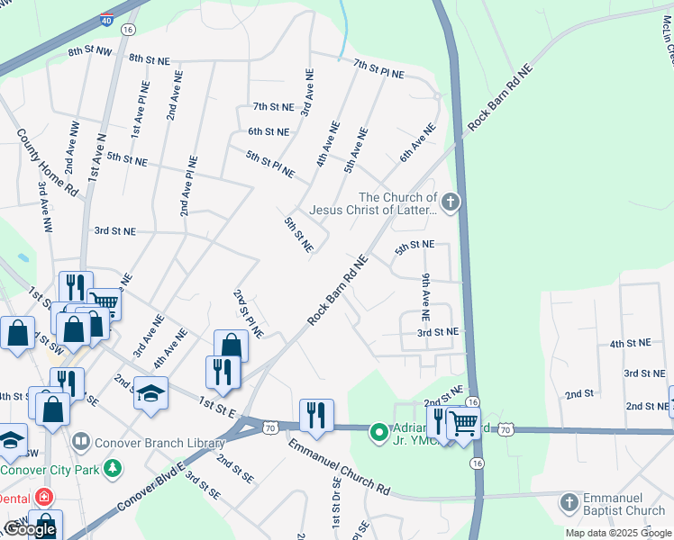 map of restaurants, bars, coffee shops, grocery stores, and more near 439 Rock Barn Road Northeast in Conover