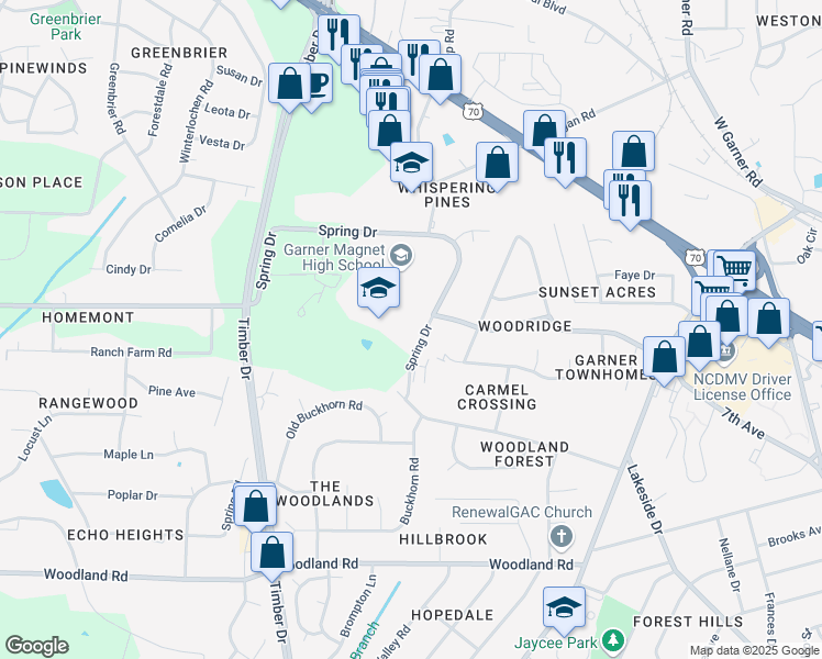 map of restaurants, bars, coffee shops, grocery stores, and more near 1886 Spring Drive in Garner