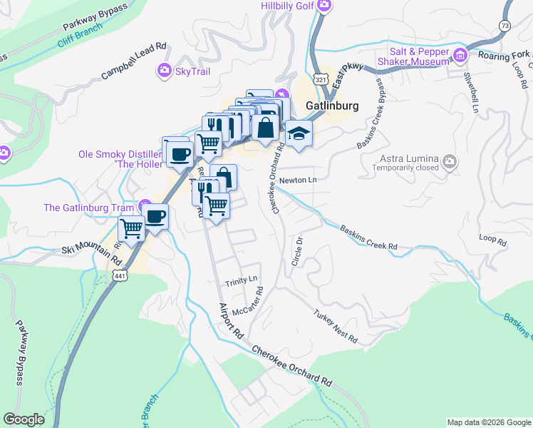 map of restaurants, bars, coffee shops, grocery stores, and more near 335 East Holly Ridge Road in Gatlinburg