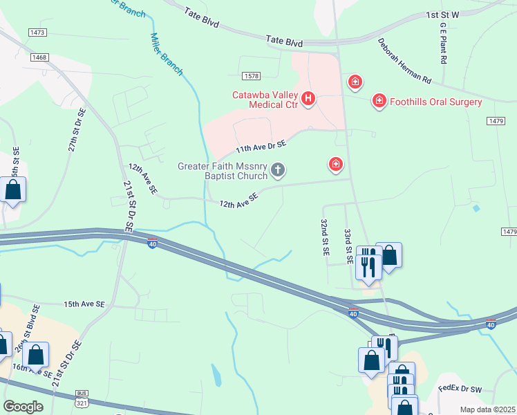 map of restaurants, bars, coffee shops, grocery stores, and more near 3062 12th Avenue Southeast in Hickory