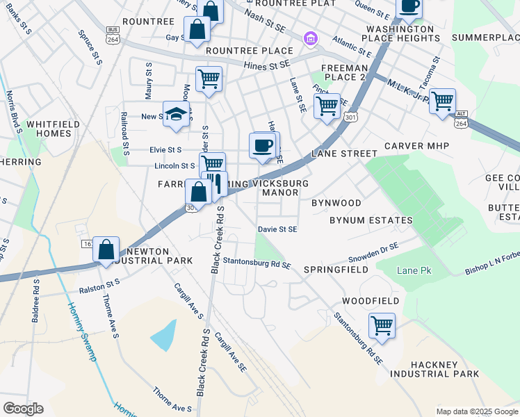map of restaurants, bars, coffee shops, grocery stores, and more near 1703 Singletary Street Southeast in Wilson