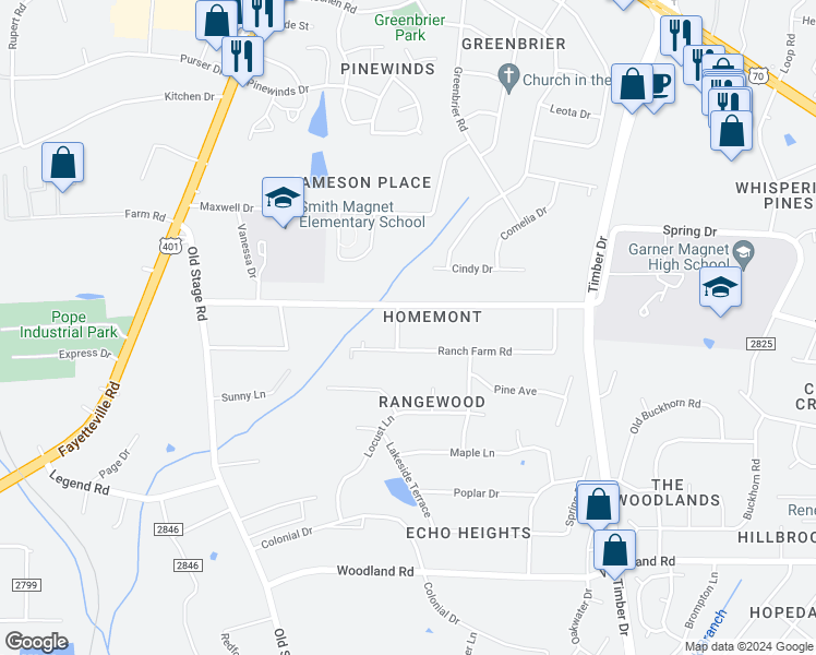map of restaurants, bars, coffee shops, grocery stores, and more near 5107 Overhill Street in Raleigh