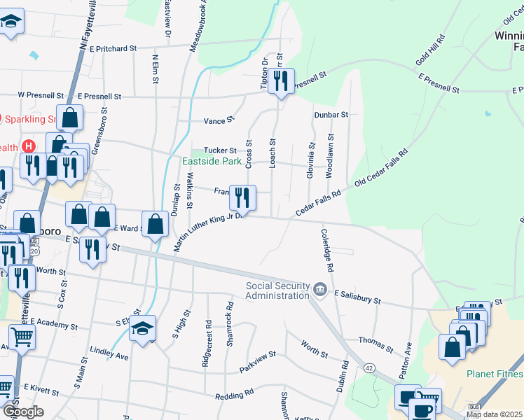 map of restaurants, bars, coffee shops, grocery stores, and more near 819 Martin Luther King Junior Drive in Asheboro
