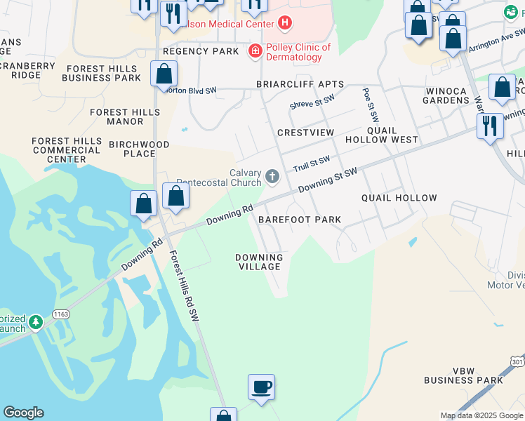 map of restaurants, bars, coffee shops, grocery stores, and more near 2404 Koval Court Southwest in Wilson