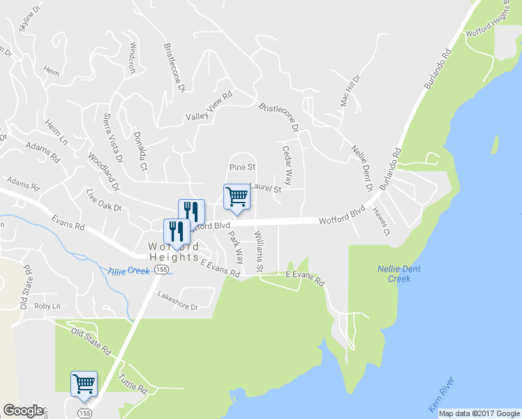 map of restaurants, bars, coffee shops, grocery stores, and more near 707 Panorama Dr in Wofford Heights