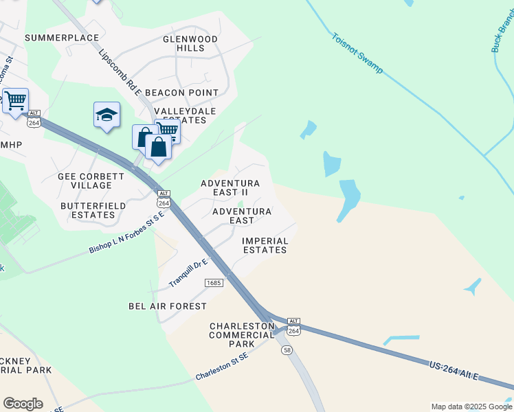 map of restaurants, bars, coffee shops, grocery stores, and more near 2504 Ricks Court East in Wilson