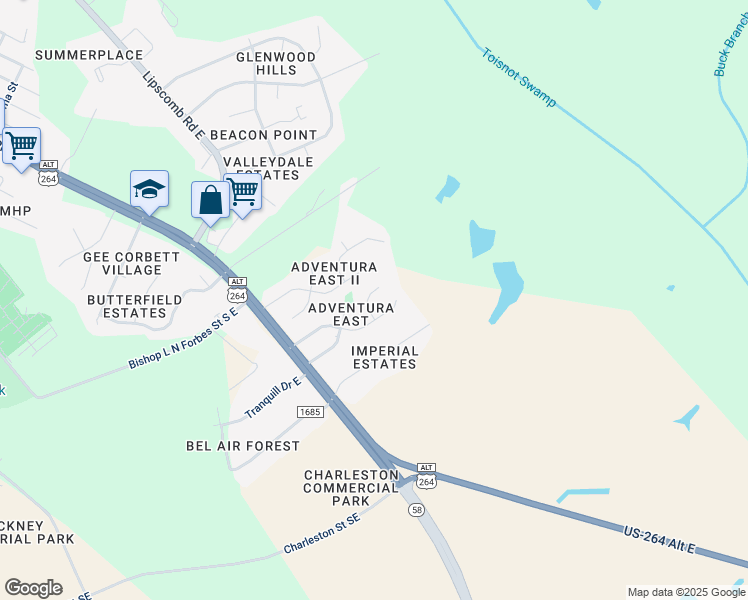 map of restaurants, bars, coffee shops, grocery stores, and more near 2504 Ricks Court East in Wilson