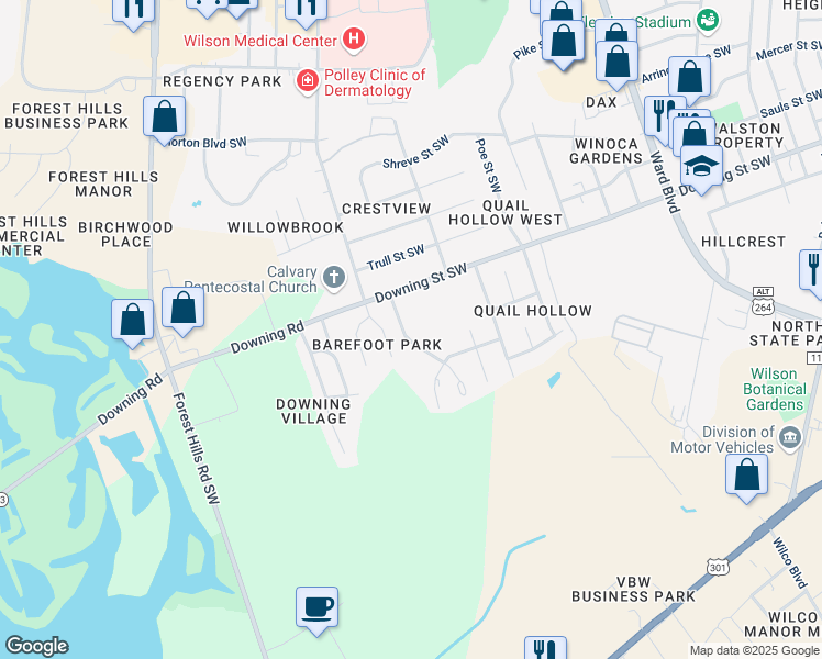 map of restaurants, bars, coffee shops, grocery stores, and more near 2124 Smallwood Street Southwest in Wilson