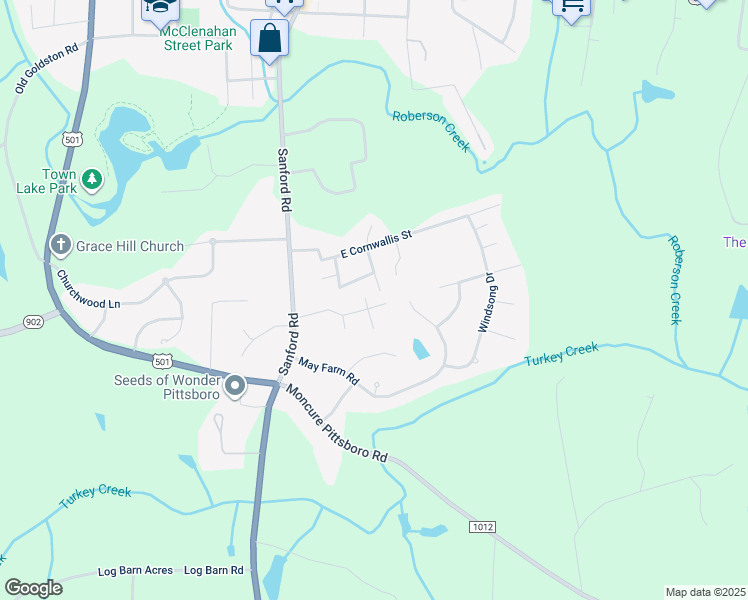 map of restaurants, bars, coffee shops, grocery stores, and more near 195 Trace Drive in Pittsboro