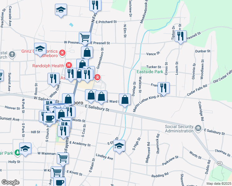 map of restaurants, bars, coffee shops, grocery stores, and more near 331 Brookside Drive in Asheboro