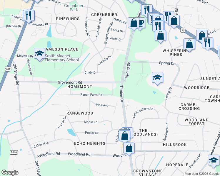 map of restaurants, bars, coffee shops, grocery stores, and more near 5108 Old Valley Street in Raleigh