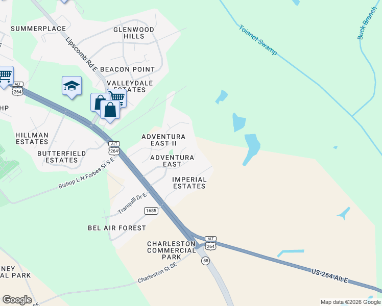 map of restaurants, bars, coffee shops, grocery stores, and more near 2507 Fitch Drive East in Wilson