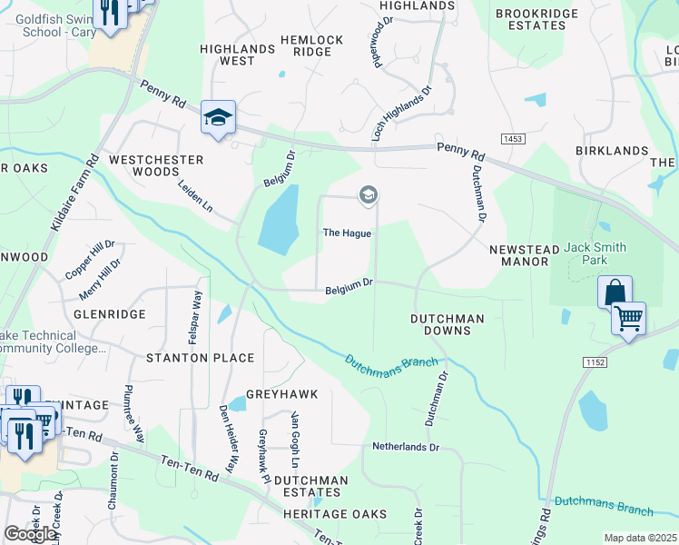 map of restaurants, bars, coffee shops, grocery stores, and more near 8108 Belgium Drive in Raleigh