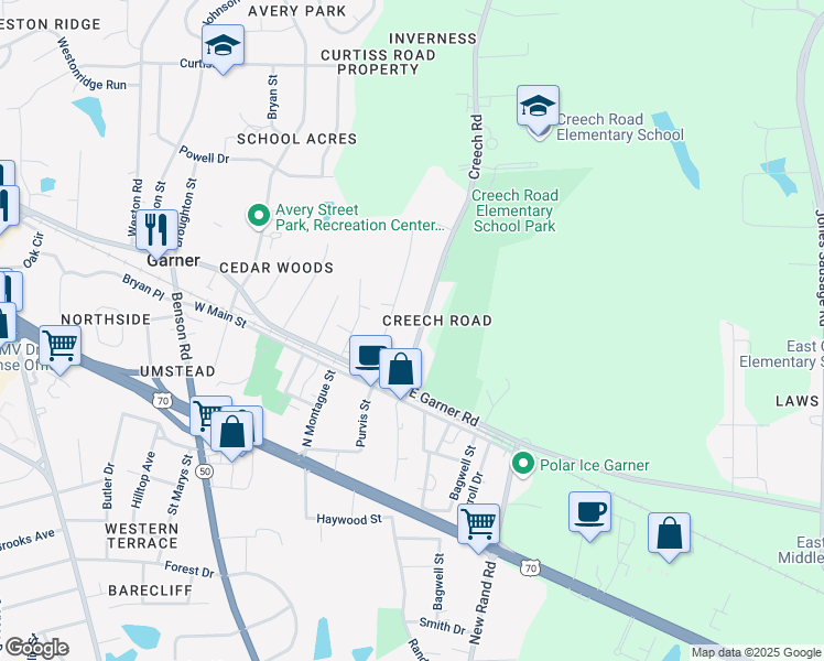 map of restaurants, bars, coffee shops, grocery stores, and more near 113 Creech Road in Garner