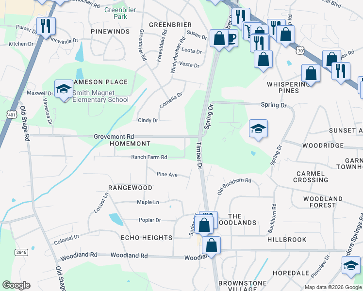 map of restaurants, bars, coffee shops, grocery stores, and more near 5108 Old Valley Street in Raleigh