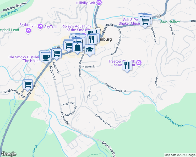 map of restaurants, bars, coffee shops, grocery stores, and more near 413 Baskins Creek Road in Gatlinburg