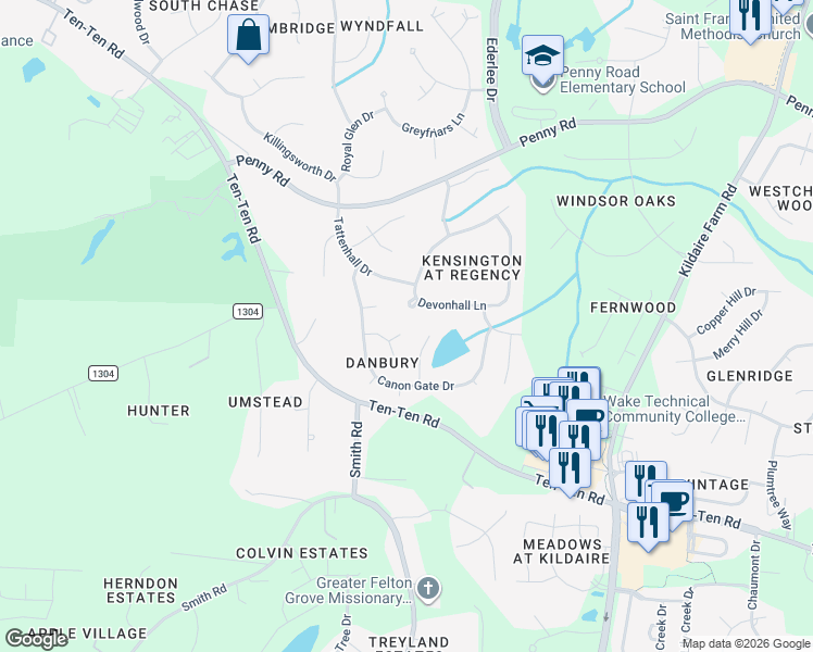 map of restaurants, bars, coffee shops, grocery stores, and more near 105 Lantern Green Court in Cary