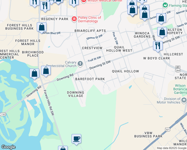 map of restaurants, bars, coffee shops, grocery stores, and more near 2125 Glendale Drive Southwest in Wilson