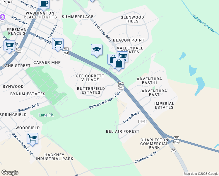 map of restaurants, bars, coffee shops, grocery stores, and more near 2120 Sandy Creek Drive Southeast in Wilson