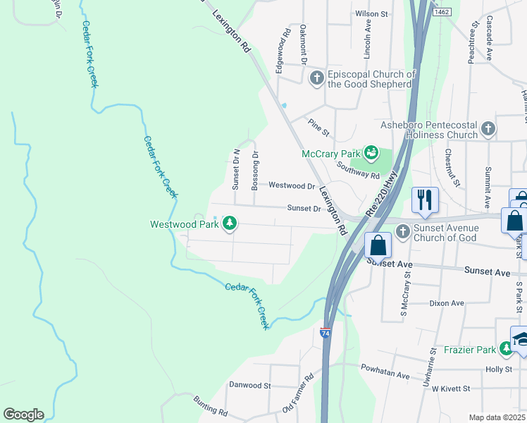 map of restaurants, bars, coffee shops, grocery stores, and more near 1419 Sunset Dr in Asheboro