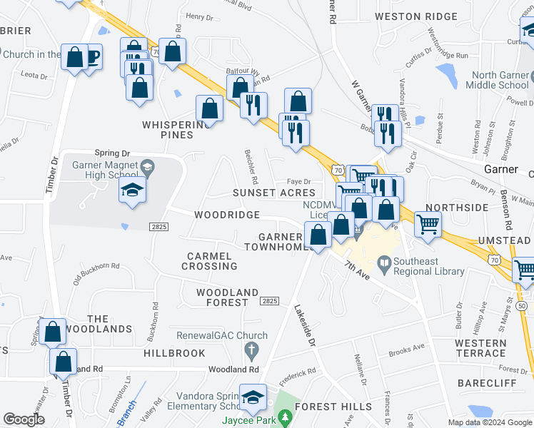 map of restaurants, bars, coffee shops, grocery stores, and more near 1504 Foxwood Drive in Garner