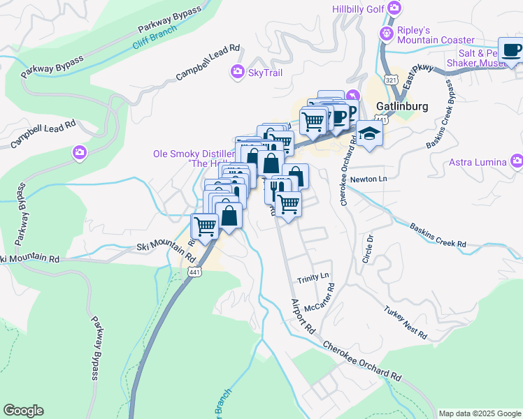 map of restaurants, bars, coffee shops, grocery stores, and more near 234 Historic Nature Trail in Gatlinburg