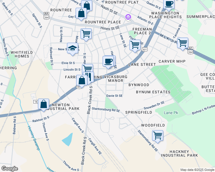 map of restaurants, bars, coffee shops, grocery stores, and more near 1703 Singletary Street Southeast in Wilson
