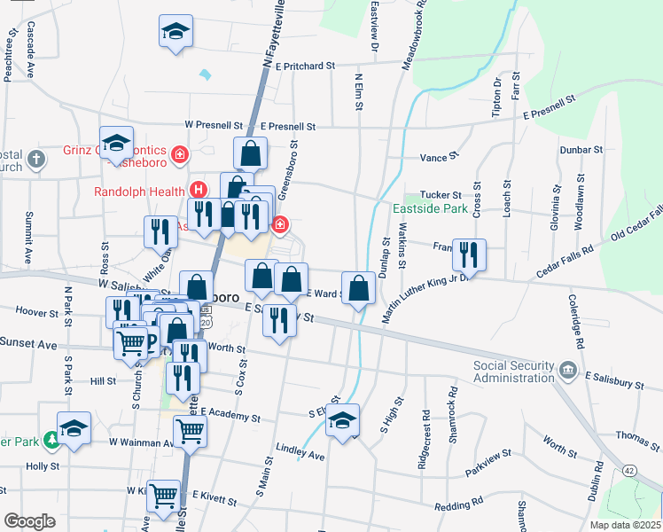 map of restaurants, bars, coffee shops, grocery stores, and more near 331 Brookside Drive in Asheboro