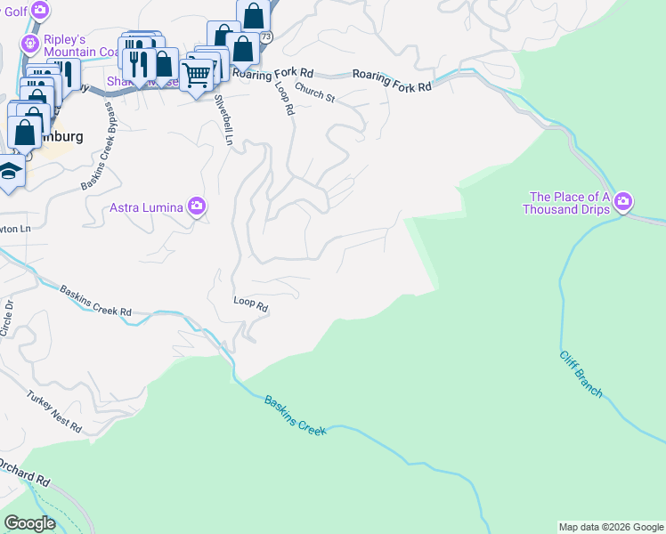 map of restaurants, bars, coffee shops, grocery stores, and more near 243 Stone Fence Lane in Gatlinburg