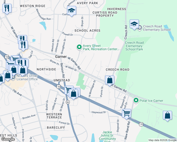 map of restaurants, bars, coffee shops, grocery stores, and more near 316 West Garner Road in Garner