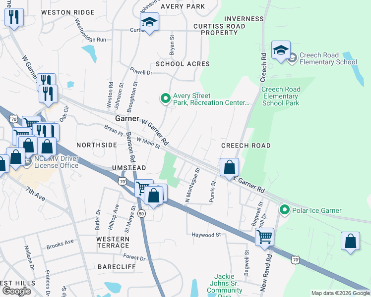 map of restaurants, bars, coffee shops, grocery stores, and more near 316 W Garner Rd in Garner