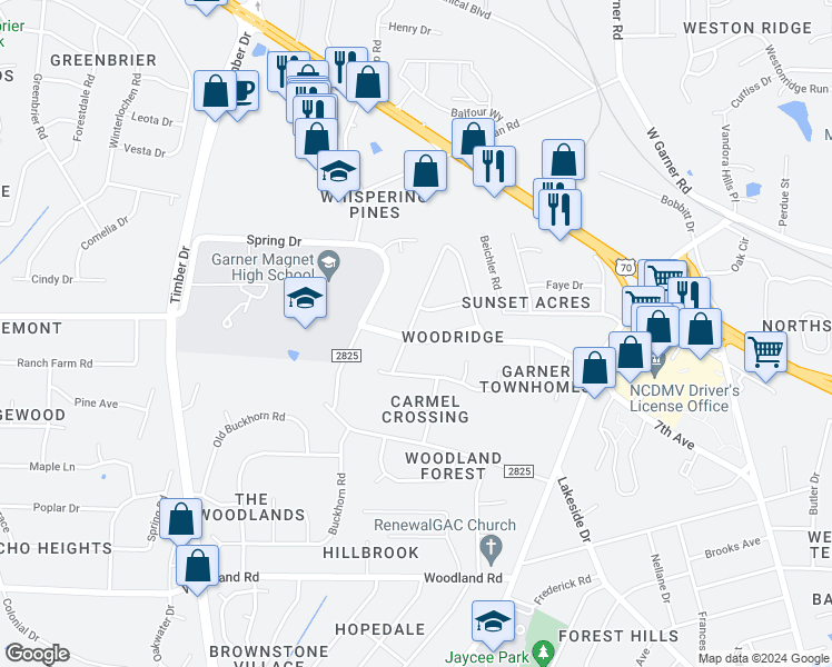 map of restaurants, bars, coffee shops, grocery stores, and more near 512 Forest Ridge Road in Garner