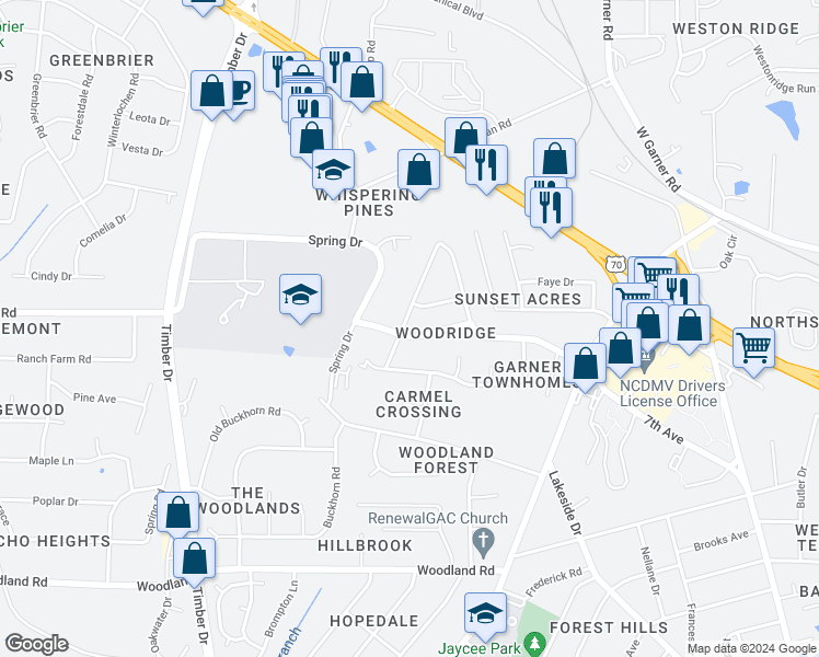 map of restaurants, bars, coffee shops, grocery stores, and more near 512 Forest Ridge Road in Garner