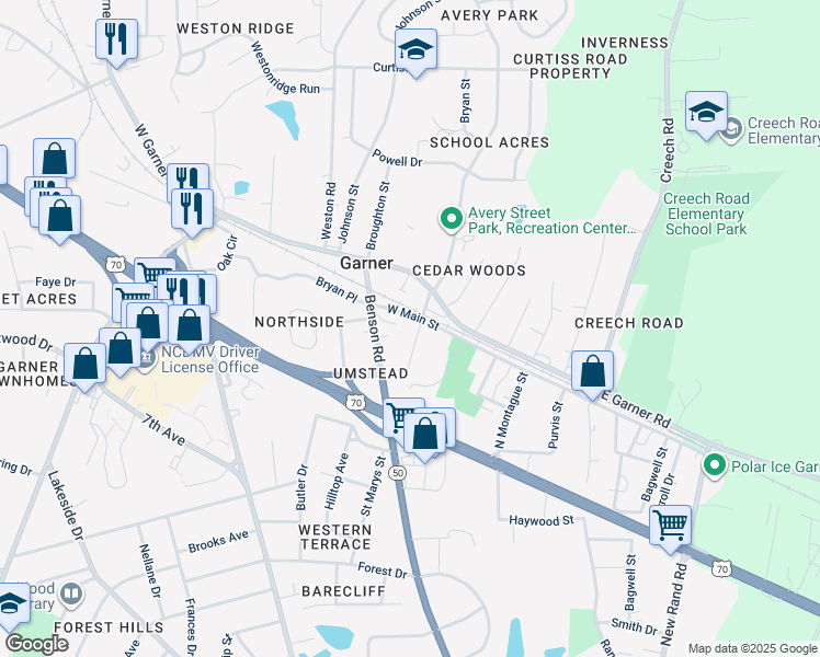 map of restaurants, bars, coffee shops, grocery stores, and more near 102 Saint Marys Street in Garner