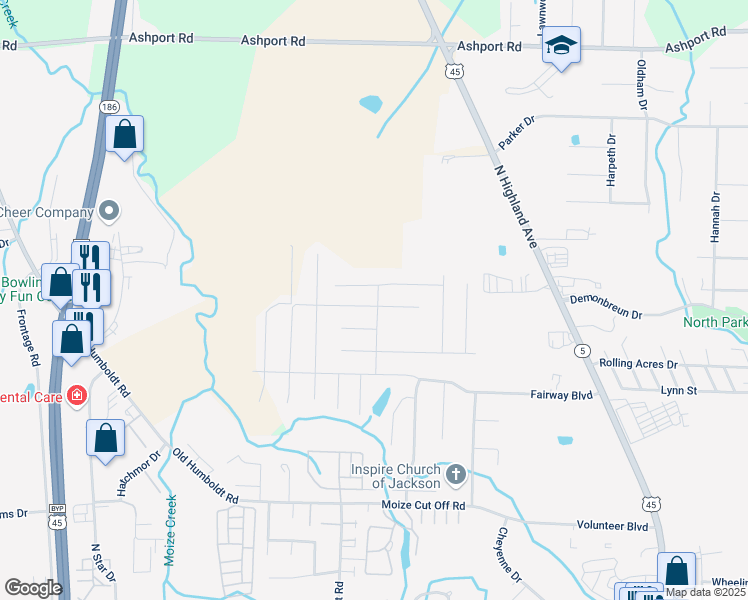map of restaurants, bars, coffee shops, grocery stores, and more near 5 Fall Creek Drive in Jackson