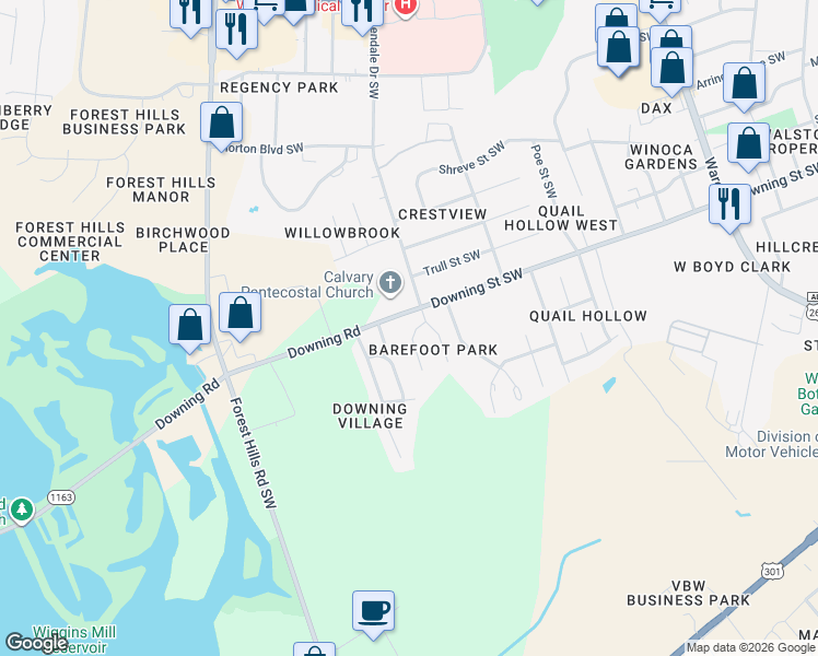 map of restaurants, bars, coffee shops, grocery stores, and more near 2114 Barefoot Park Lane Southwest in Wilson