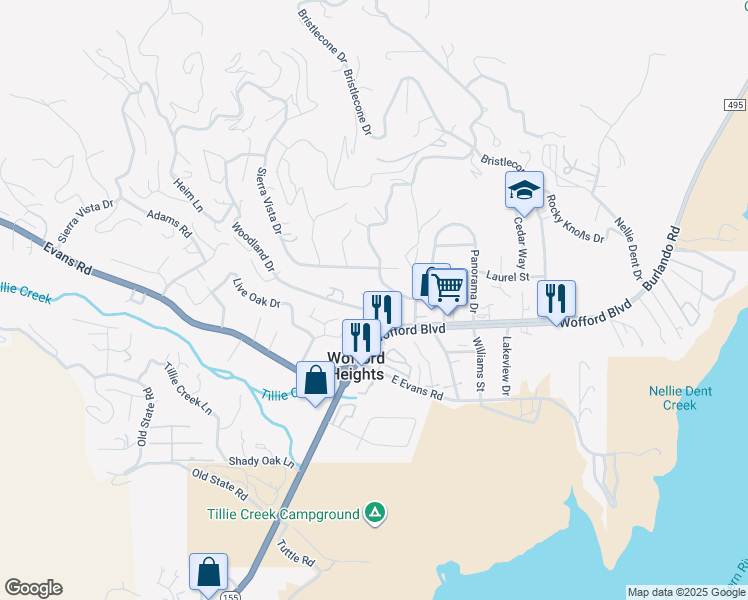 map of restaurants, bars, coffee shops, grocery stores, and more near 20 Edison Lane in Wofford Heights