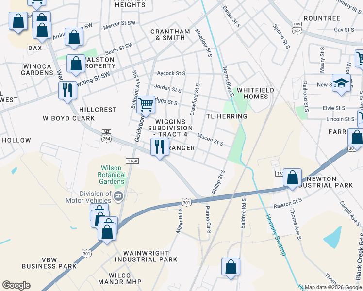 map of restaurants, bars, coffee shops, grocery stores, and more near 801 Randolph Street South in Wilson