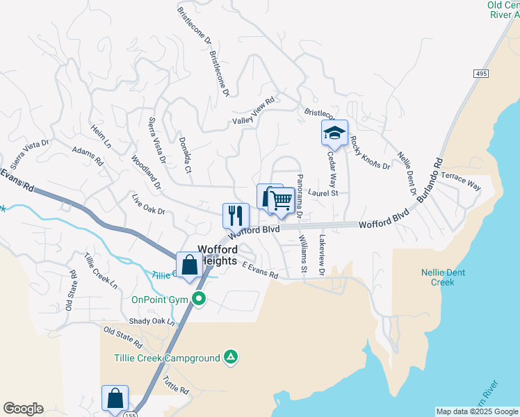 map of restaurants, bars, coffee shops, grocery stores, and more near 2 Panorama Drive in Wofford Heights