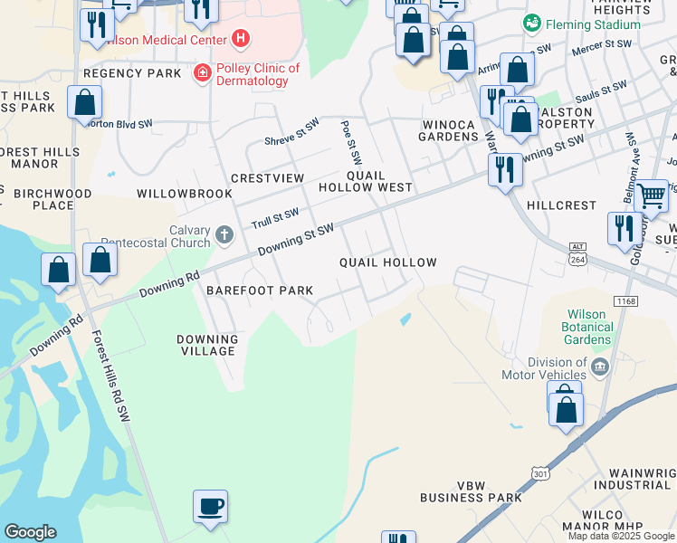map of restaurants, bars, coffee shops, grocery stores, and more near 2200 Candlewood Drive Southwest in Wilson